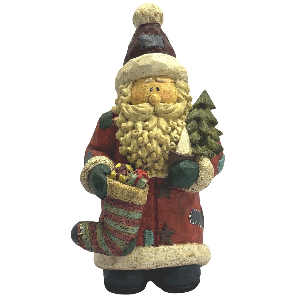 Rustic Patchwork Santa Claus Figurine Primitive Christmas Decor Resin 9.5 Inch